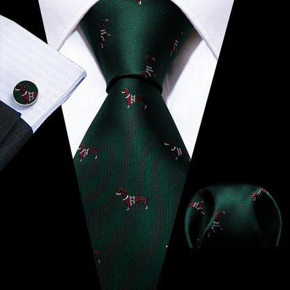 Green Red Dog Print Silk Tie, Pocket Square and Cufflinks Set tie sets    - Sophisticated Gentlemen