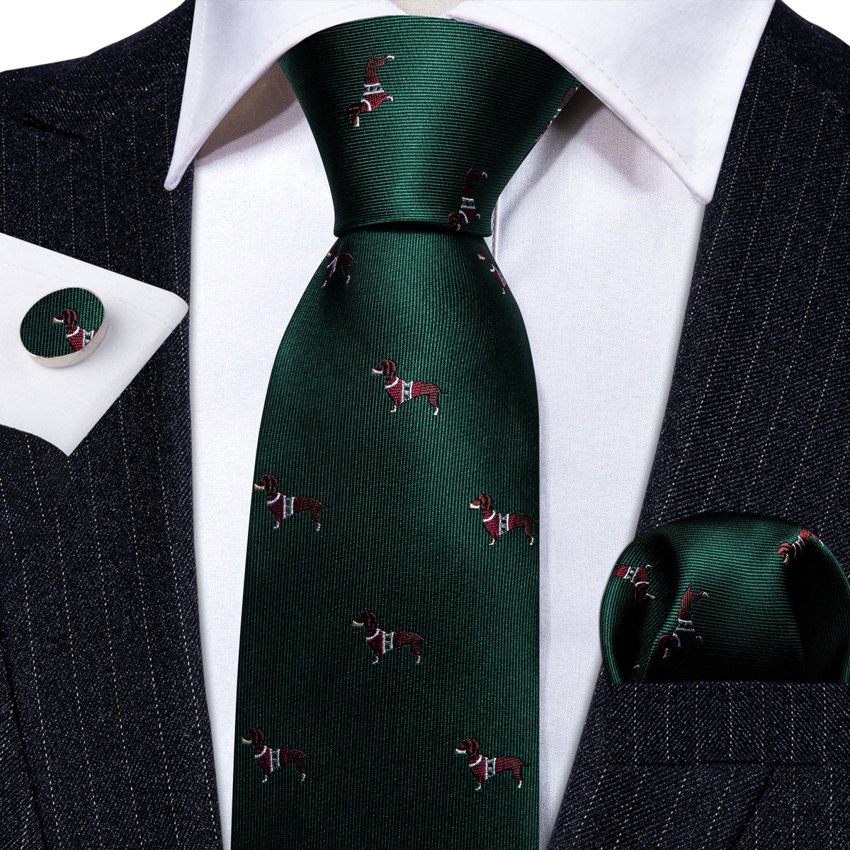 Green Red Dog Print Silk Tie, Pocket Square and Cufflinks Set tie sets    - Sophisticated Gentlemen