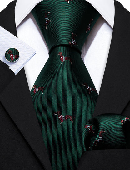 Green Red Dog Print Silk Tie, Pocket Square and Cufflinks Set tie sets    - Sophisticated Gentlemen