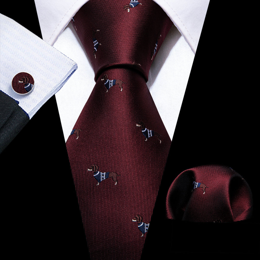 Burgundy Red Brown Dog Print Silk Tie, Pocket Square and Cufflinks Set tie sets    - Sophisticated Gentlemen