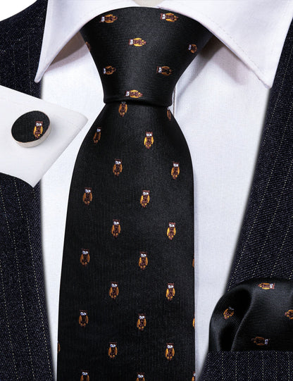 Black Brown Owl Print Silk Tie, Pocket Square and Cufflinks Set tie sets    - Sophisticated Gentlemen
