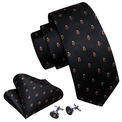 Black Brown Owl Print Silk Tie, Pocket Square and Cufflinks Set tie sets    - Sophisticated Gentlemen