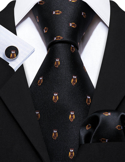 Black Brown Owl Print Silk Tie, Pocket Square and Cufflinks Set tie sets    - Sophisticated Gentlemen
