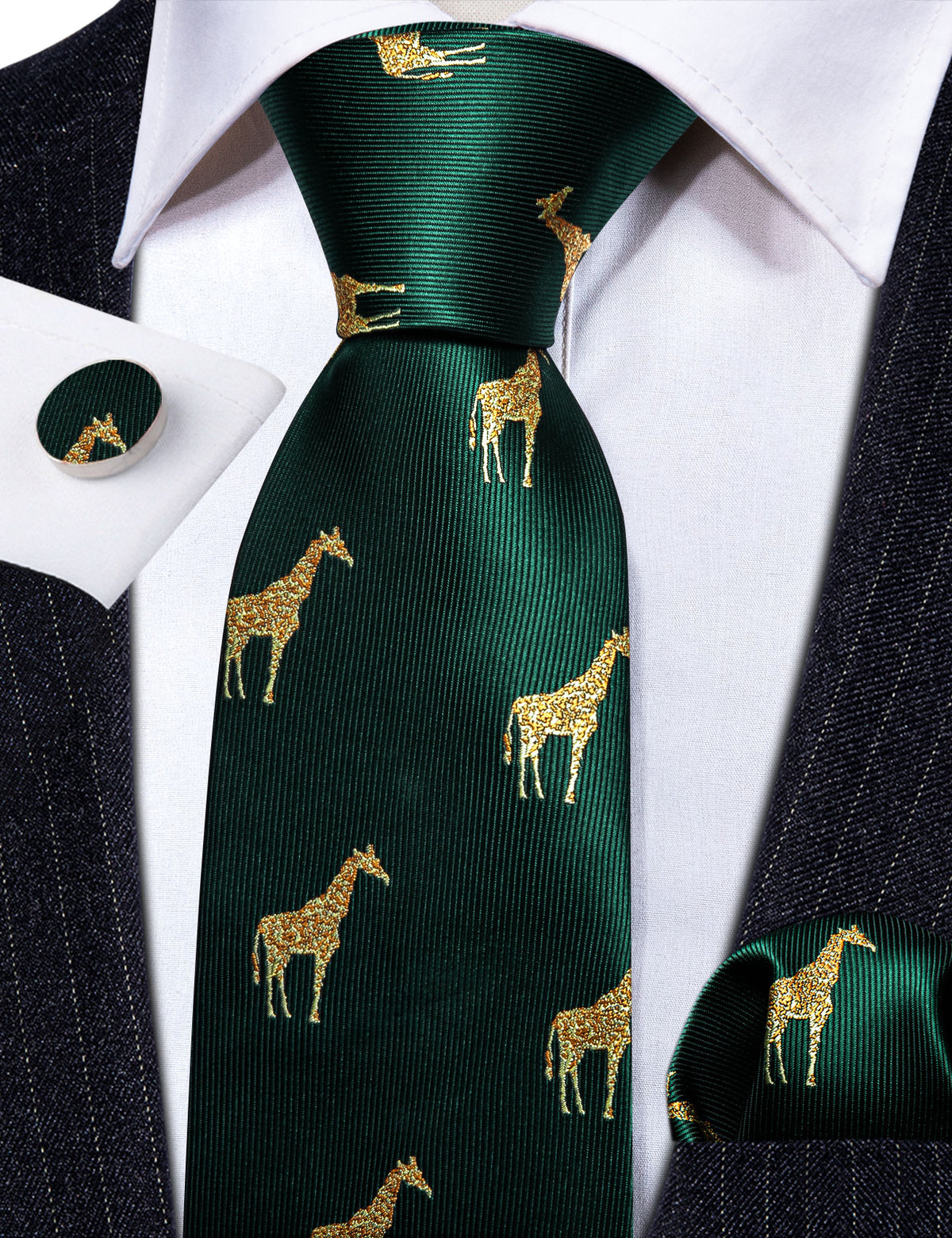 Green Gold Giraffe Print Silk Tie, Pocket Square and Cufflinks Set tie sets    - Sophisticated Gentlemen