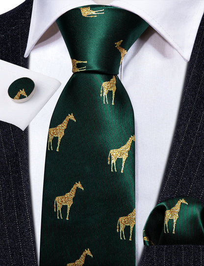 Green Gold Giraffe Print Silk Tie, Pocket Square and Cufflinks Set tie sets    - Sophisticated Gentlemen
