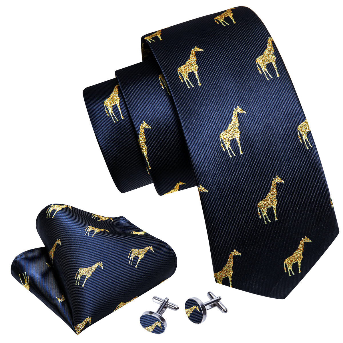 Navy Blue Gold Giraffe Silk Tie, Pocket Square and Cufflinks Set tie sets    - Sophisticated Gentlemen