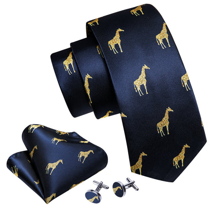 Navy Blue Gold Giraffe Silk Tie, Pocket Square and Cufflinks Set tie sets    - Sophisticated Gentlemen