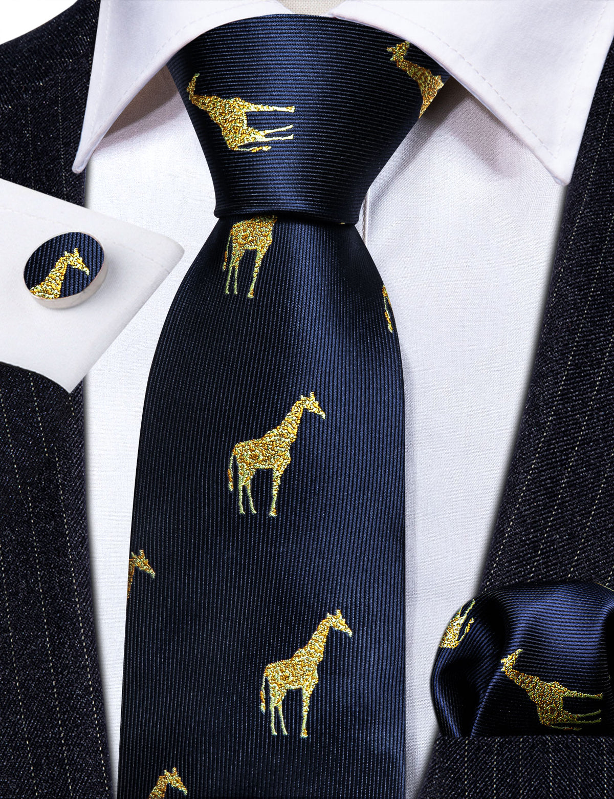 Navy Blue Gold Giraffe Silk Tie, Pocket Square and Cufflinks Set tie sets    - Sophisticated Gentlemen