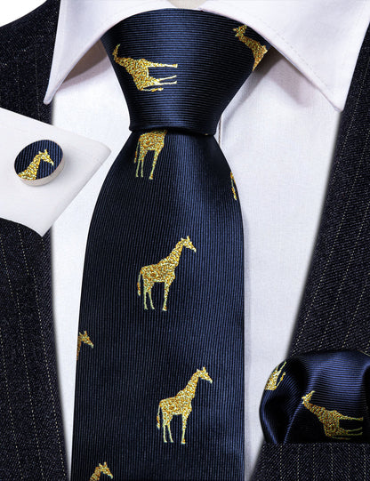 Navy Blue Gold Giraffe Silk Tie, Pocket Square and Cufflinks Set tie sets    - Sophisticated Gentlemen
