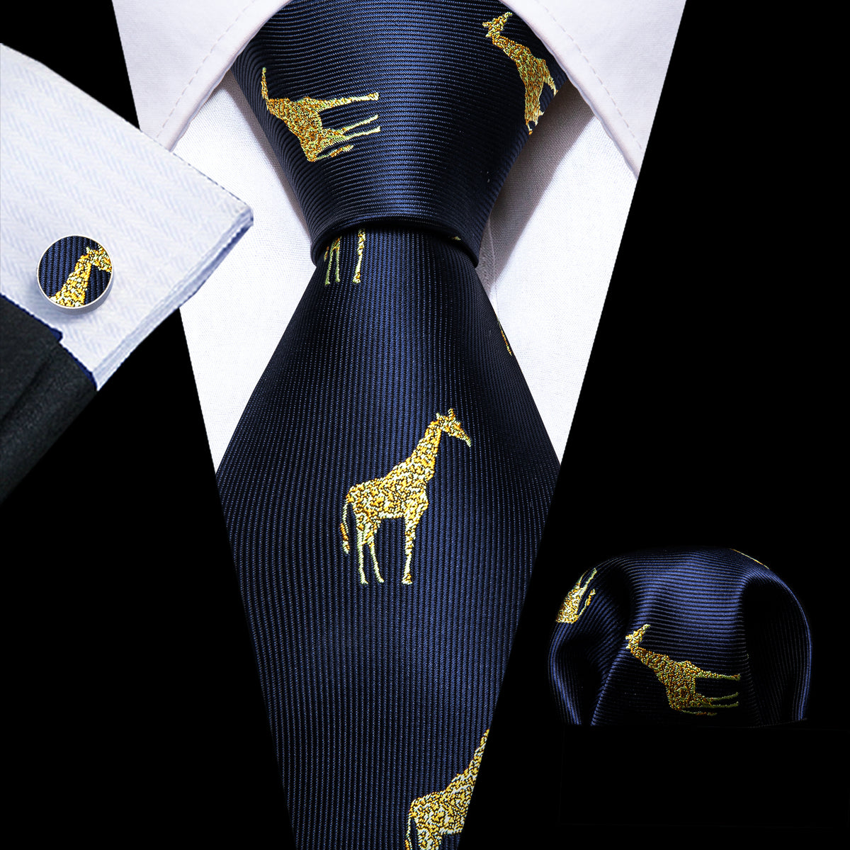 Navy Blue Gold Giraffe Silk Tie, Pocket Square and Cufflinks Set tie sets    - Sophisticated Gentlemen