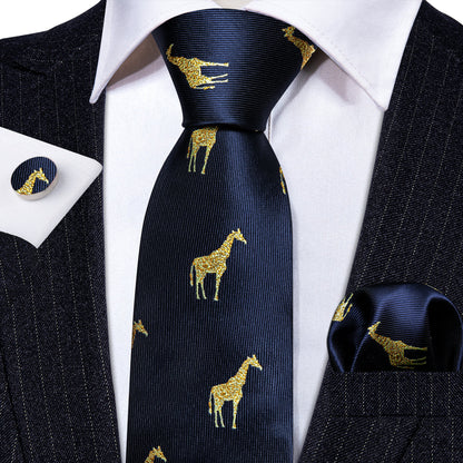Navy Blue Gold Giraffe Silk Tie, Pocket Square and Cufflinks Set tie sets    - Sophisticated Gentlemen