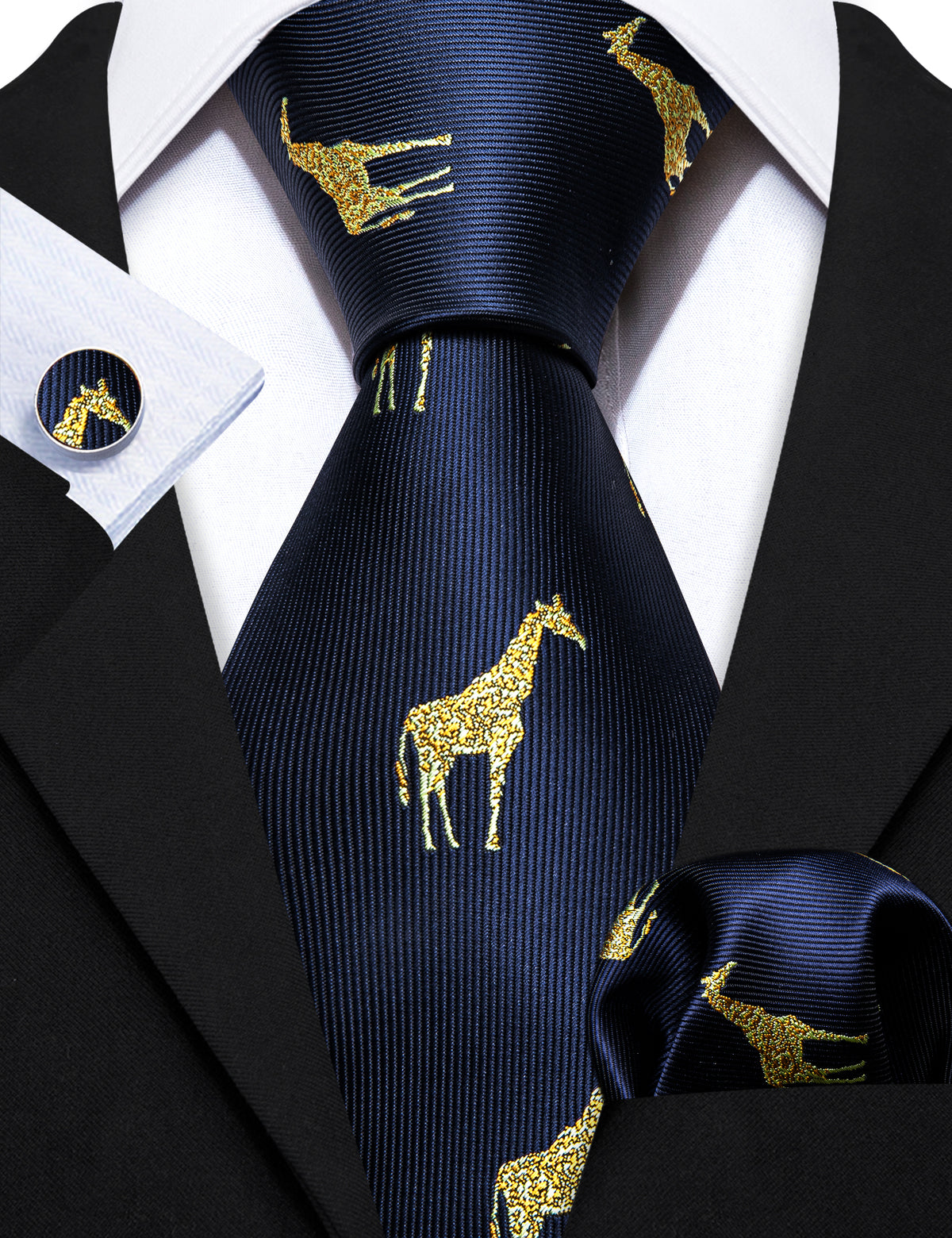 Navy Blue Gold Giraffe Silk Tie, Pocket Square and Cufflinks Set tie sets    - Sophisticated Gentlemen