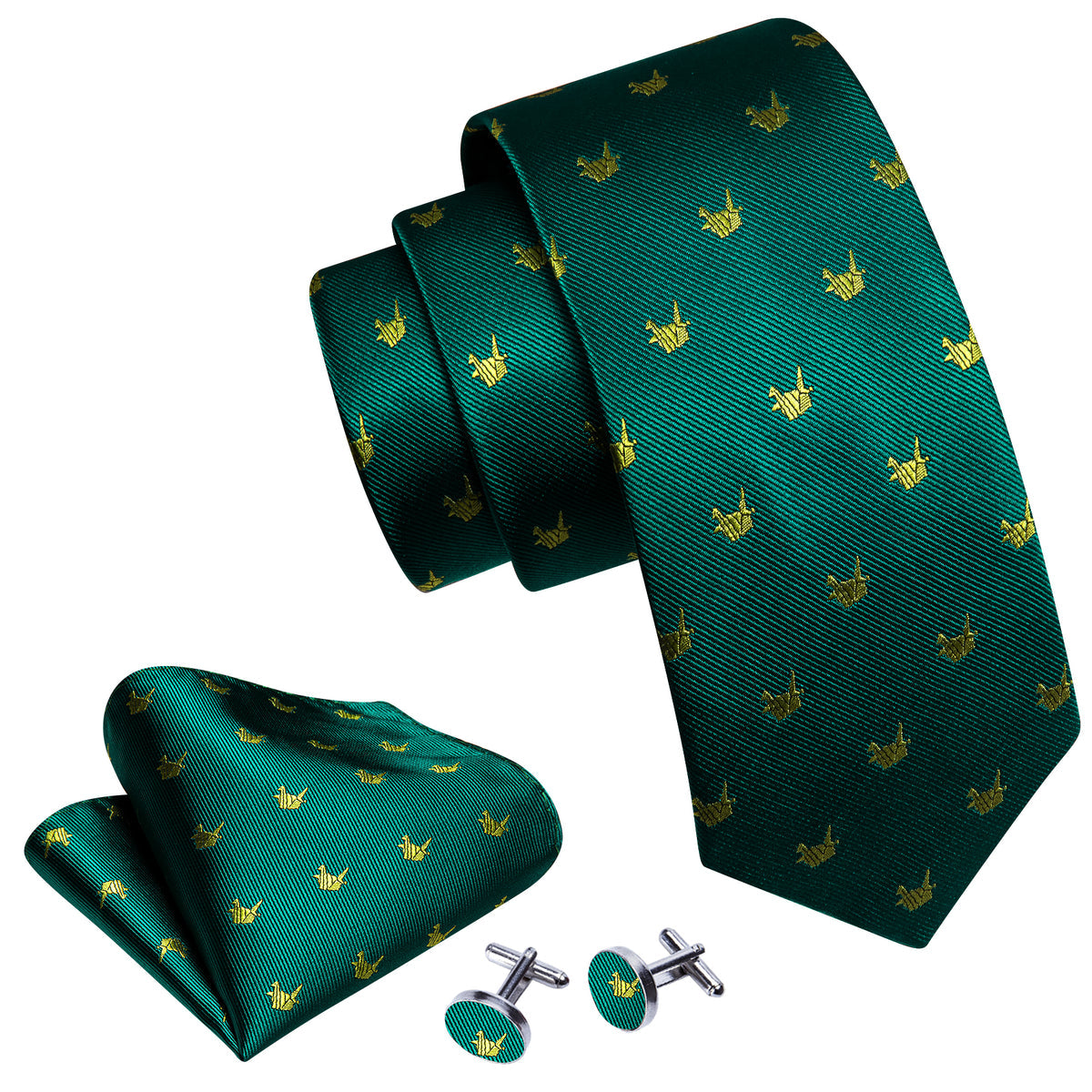 Green Yellow Cranes Print Silk Tie, Pocket Square and Cufflinks Set tie sets    - Sophisticated Gentlemen