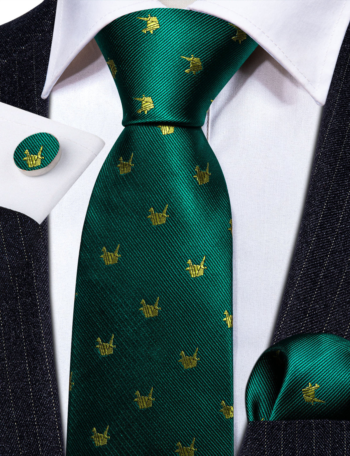 Green Yellow Cranes Print Silk Tie, Pocket Square and Cufflinks Set tie sets    - Sophisticated Gentlemen