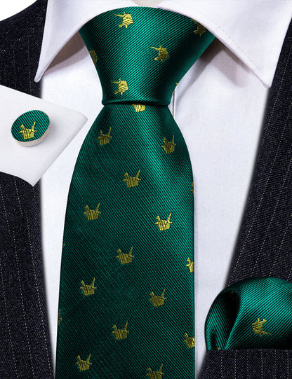 Green Yellow Cranes Print Silk Tie, Pocket Square and Cufflinks Set tie sets    - Sophisticated Gentlemen