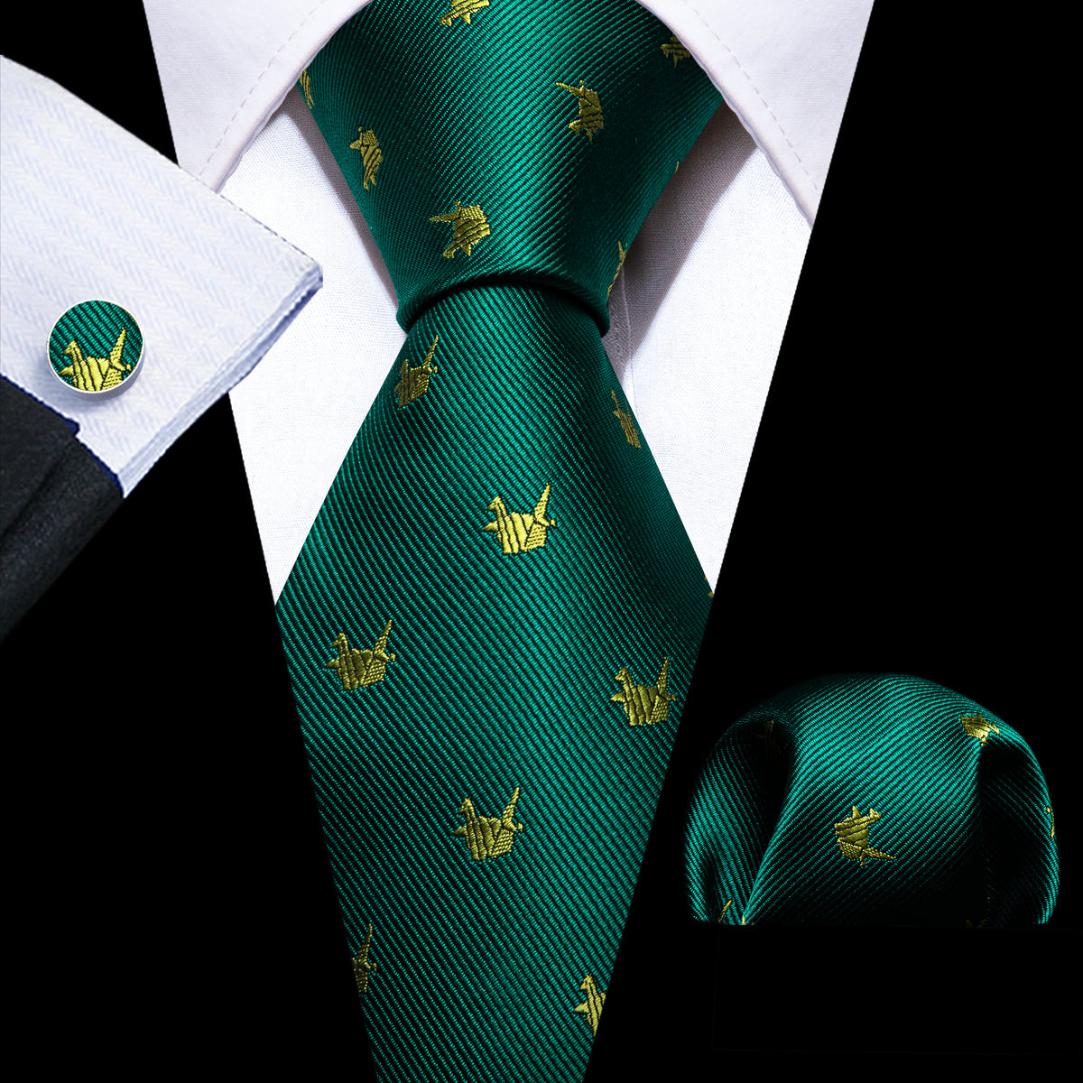 Green Yellow Cranes Print Silk Tie, Pocket Square and Cufflinks Set tie sets    - Sophisticated Gentlemen