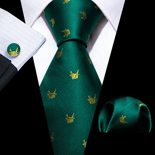 Green Yellow Cranes Print Silk Tie, Pocket Square and Cufflinks Set tie sets    - Sophisticated Gentlemen