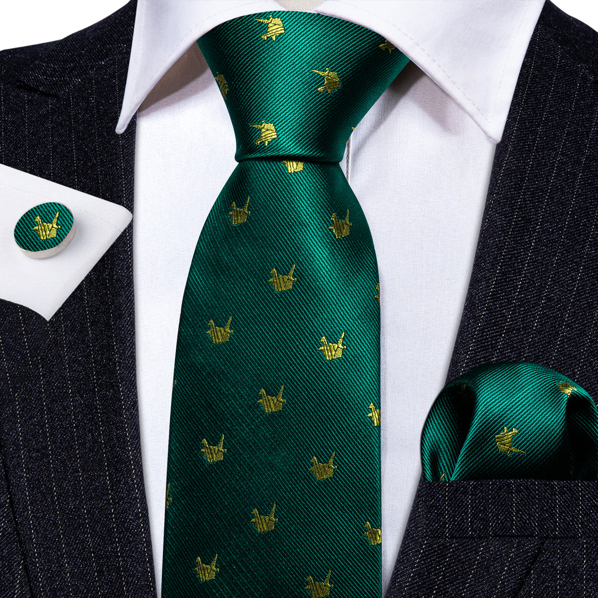 Green Yellow Cranes Print Silk Tie, Pocket Square and Cufflinks Set tie sets    - Sophisticated Gentlemen