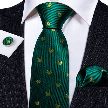 Green Yellow Cranes Print Silk Tie, Pocket Square and Cufflinks Set tie sets    - Sophisticated Gentlemen