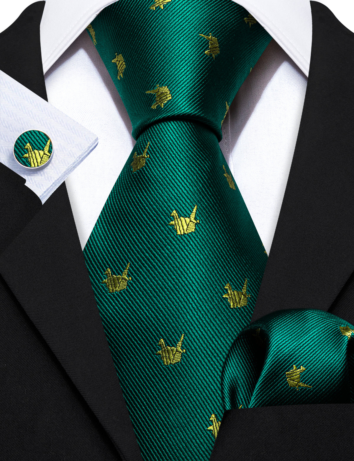 Green Yellow Cranes Print Silk Tie, Pocket Square and Cufflinks Set tie sets    - Sophisticated Gentlemen