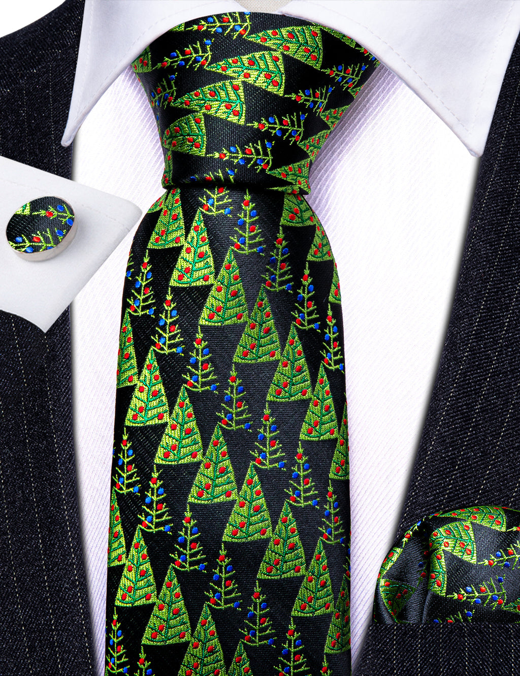 Black Green Christmas Tree Tie, Pocket Square and Cufflinks Set tie sets    - Sophisticated Gentlemen