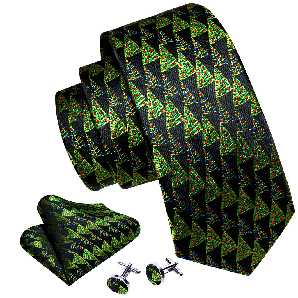 Black Green Christmas Tree Tie, Pocket Square and Cufflinks Set tie sets    - Sophisticated Gentlemen