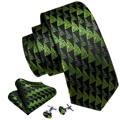 Black Green Christmas Tree Tie, Pocket Square and Cufflinks Set tie sets    - Sophisticated Gentlemen