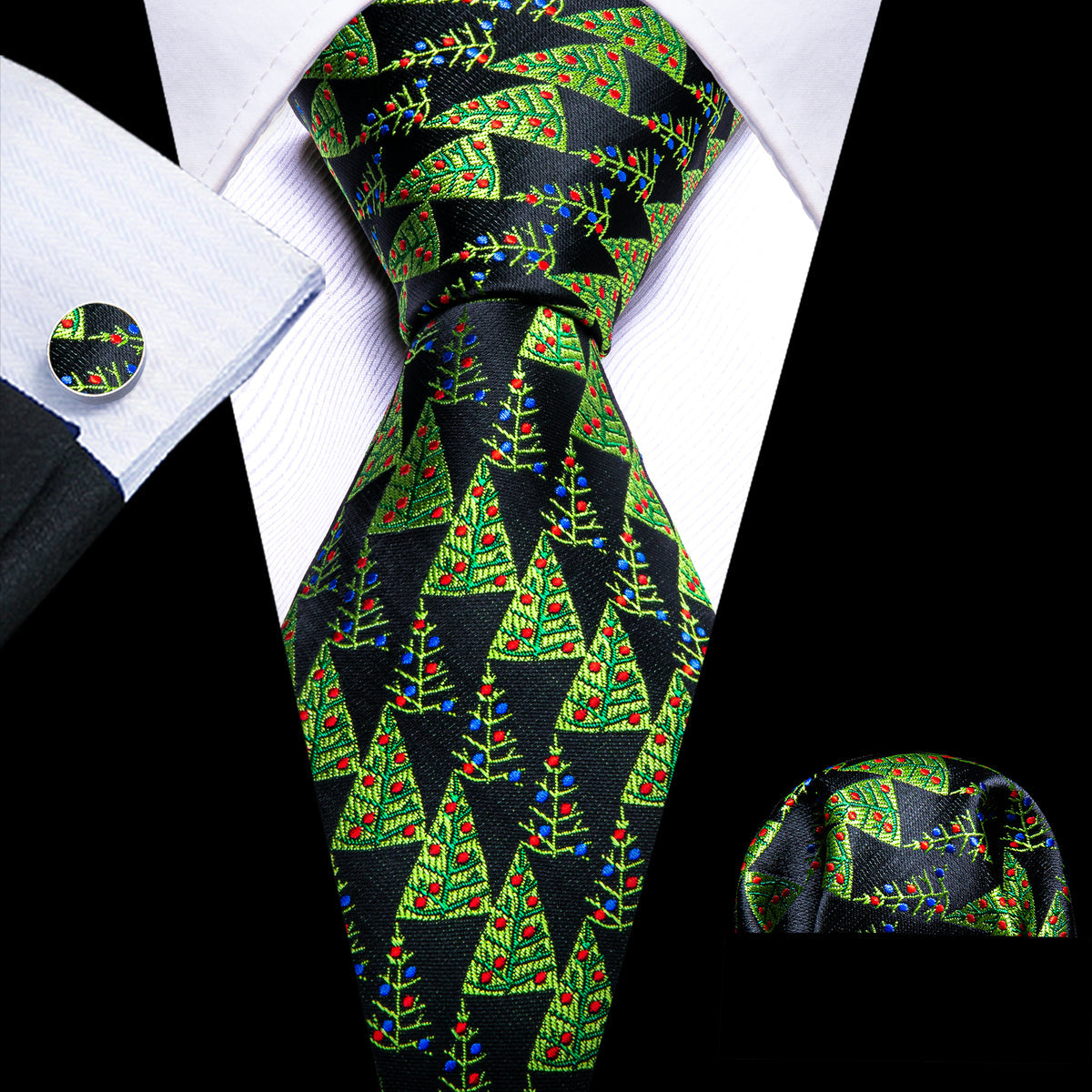 Black Green Christmas Tree Tie, Pocket Square and Cufflinks Set tie sets    - Sophisticated Gentlemen