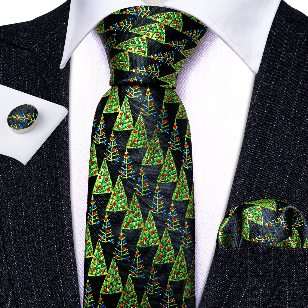 Black Green Christmas Tree Tie, Pocket Square and Cufflinks Set tie sets    - Sophisticated Gentlemen