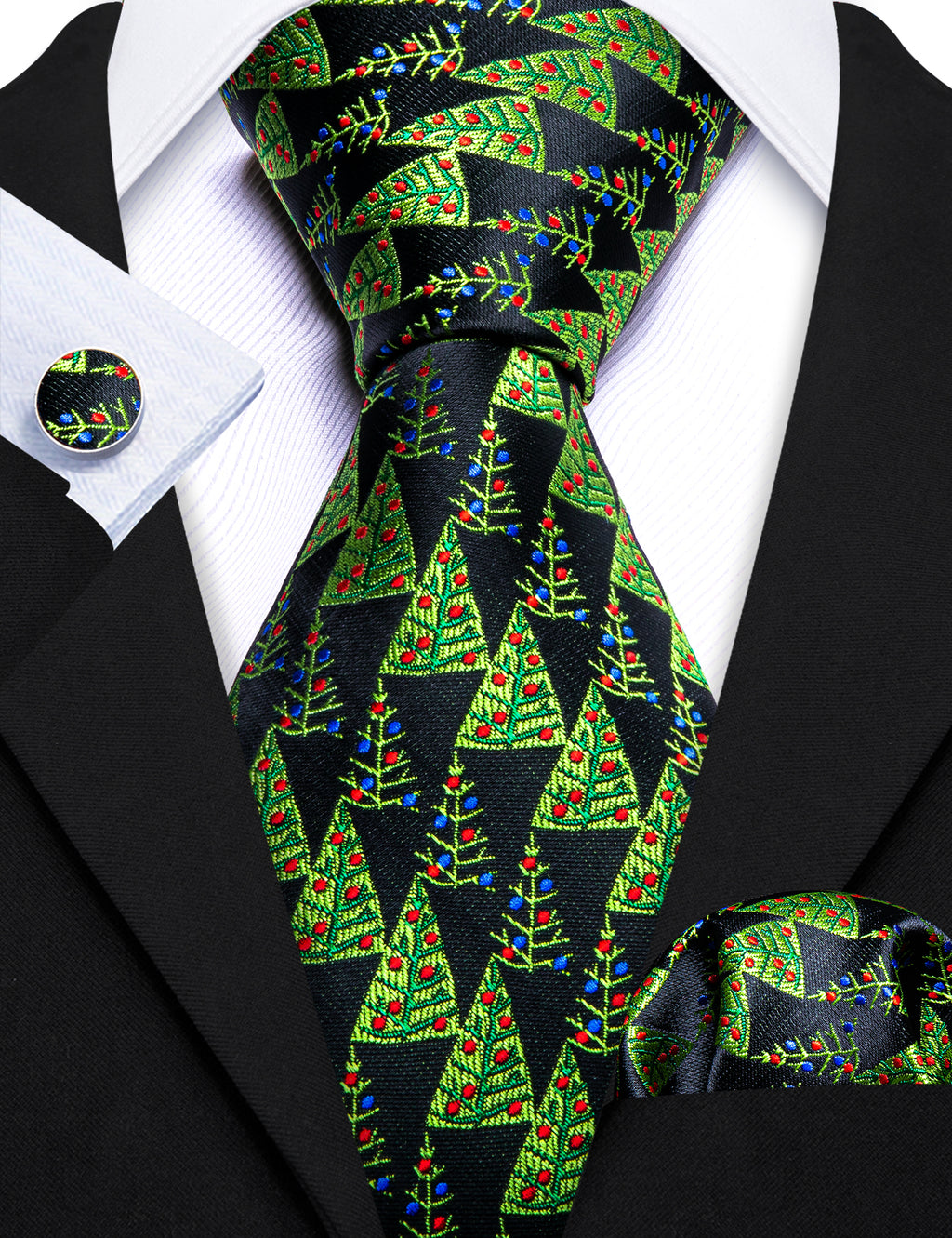Black Green Christmas Tree Tie, Pocket Square and Cufflinks Set tie sets    - Sophisticated Gentlemen