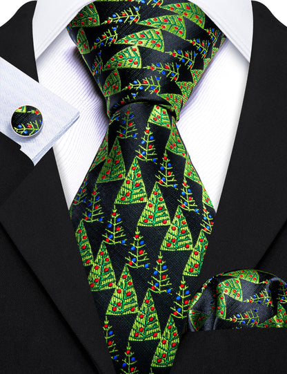 Black Green Christmas Tree Tie, Pocket Square and Cufflinks Set tie sets    - Sophisticated Gentlemen