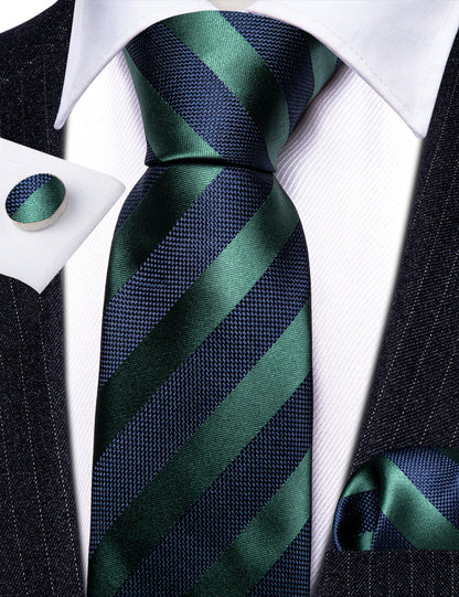 Navy Blue Green Striped Tie, Pocket Square and Cufflinks Set tie sets    - Sophisticated Gentlemen