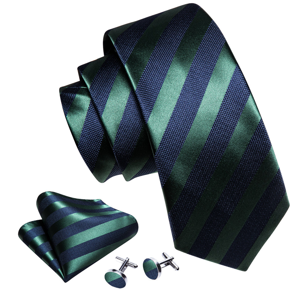Navy Blue Green Striped Tie, Pocket Square and Cufflinks Set tie sets    - Sophisticated Gentlemen