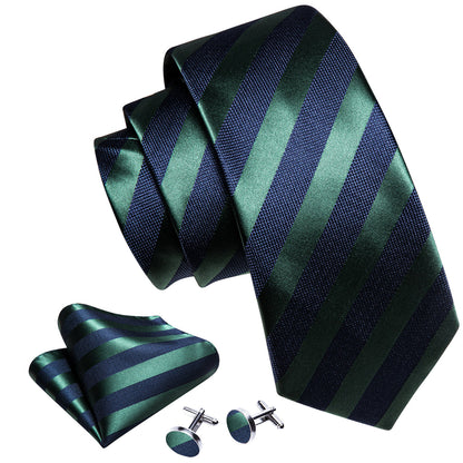 Navy Blue Green Striped Tie, Pocket Square and Cufflinks Set tie sets    - Sophisticated Gentlemen