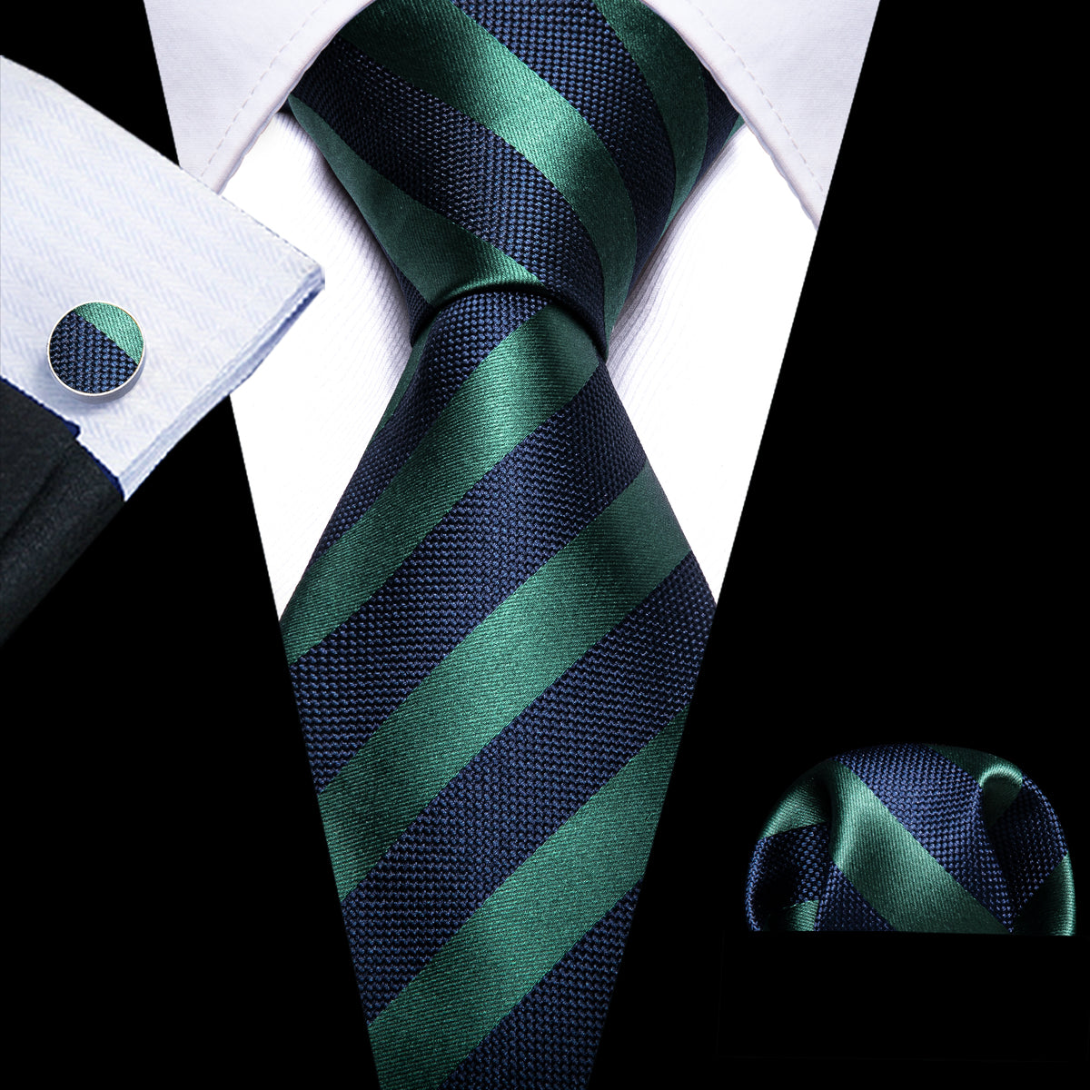 Navy Blue Green Striped Tie, Pocket Square and Cufflinks Set tie sets    - Sophisticated Gentlemen