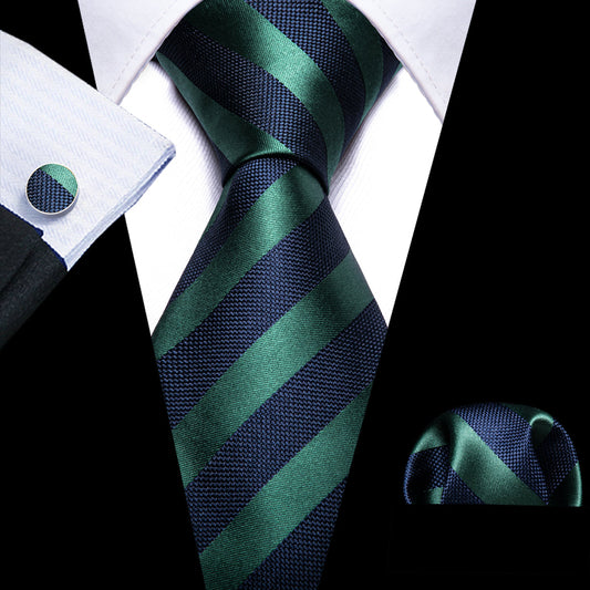 Navy Blue Green Striped Tie, Pocket Square and Cufflinks Set tie sets    - Sophisticated Gentlemen