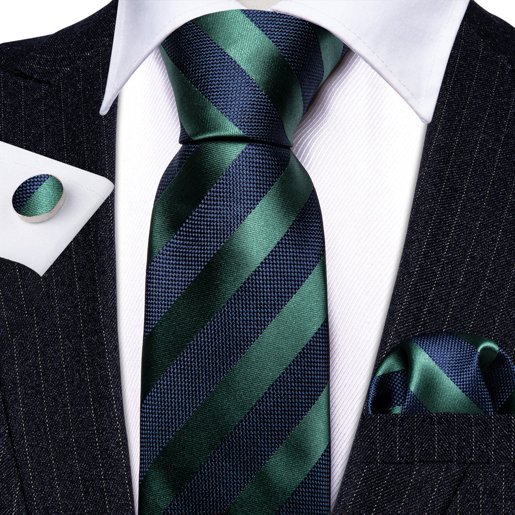 Navy Blue Green Striped Tie, Pocket Square and Cufflinks Set tie sets    - Sophisticated Gentlemen