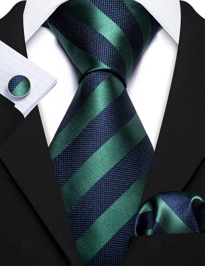 Navy Blue Green Striped Tie, Pocket Square and Cufflinks Set tie sets    - Sophisticated Gentlemen