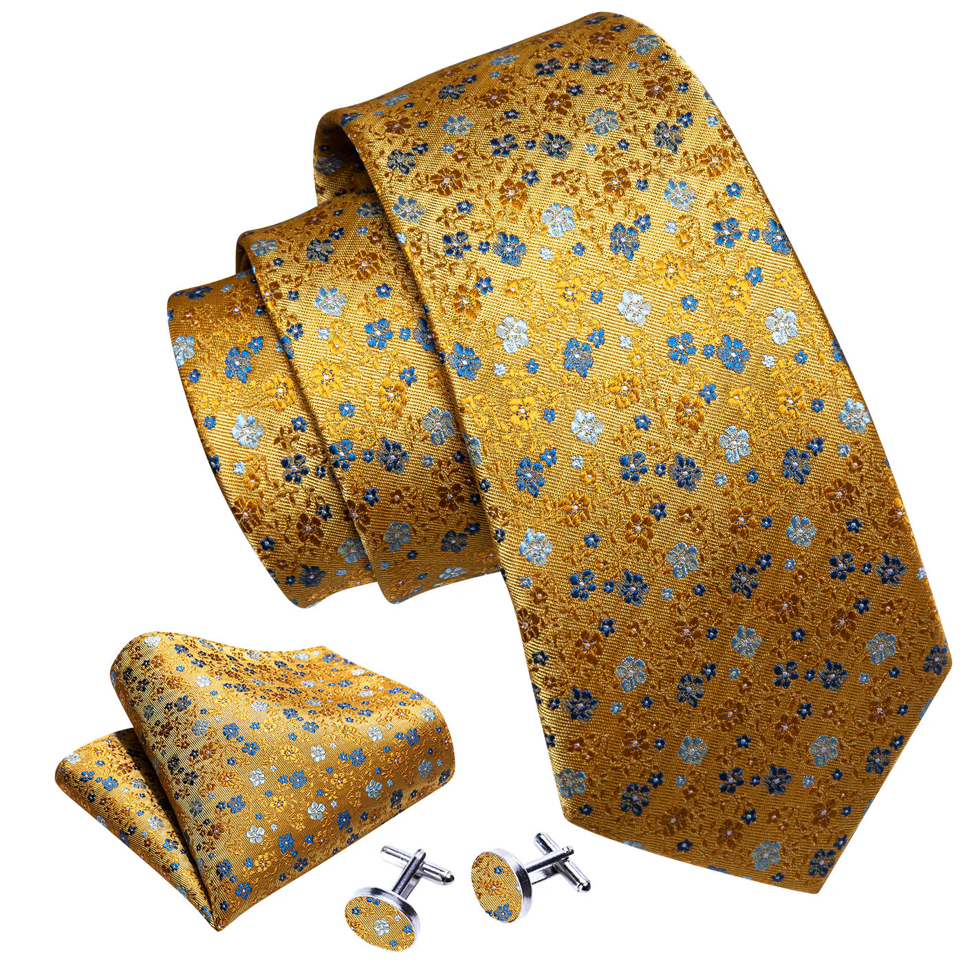 Gold Floral Silk Tie with Blue Flowers - Elegant Jacquard Necktie Set tie sets - Sophisticated Gentlemen