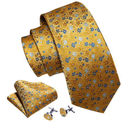 Gold Floral Silk Tie with Blue Flowers - Elegant Jacquard Necktie Set tie sets - Sophisticated Gentlemen