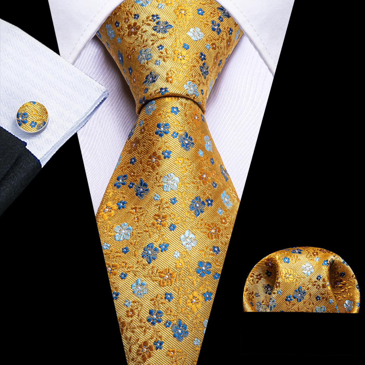 Gold Floral Silk Tie with Blue Flowers - Elegant Jacquard Necktie Set tie sets - Sophisticated Gentlemen