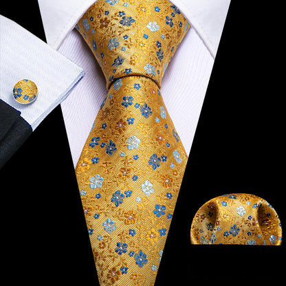 Gold Floral Silk Tie with Blue Flowers - Elegant Jacquard Necktie Set tie sets - Sophisticated Gentlemen