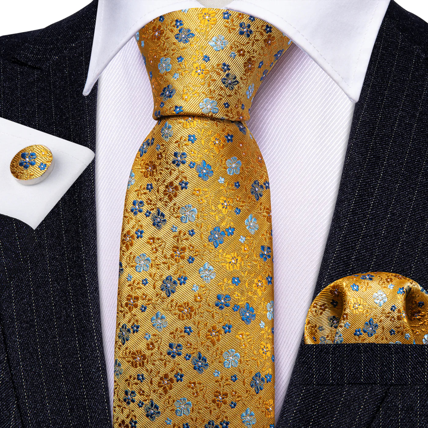 Gold Floral Silk Tie with Blue Flowers - Elegant Jacquard Necktie Set tie sets - Sophisticated Gentlemen