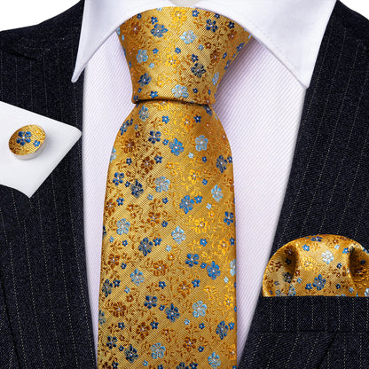 Gold Floral Silk Tie with Blue Flowers - Elegant Jacquard Necktie Set tie sets - Sophisticated Gentlemen