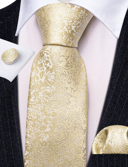 Light Yellow Floral Paisley Tie, Pocket Square and Cufflinks Set tie sets    - Sophisticated Gentlemen