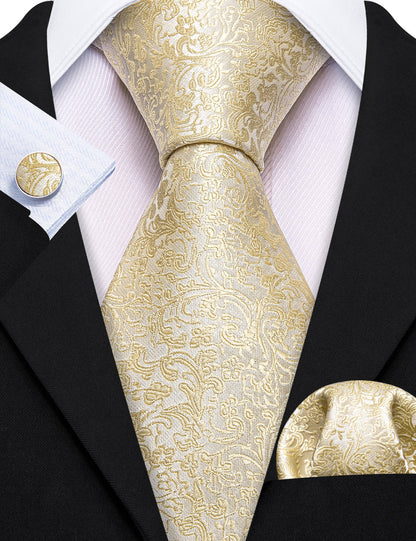 Light Yellow Floral Paisley Tie, Pocket Square and Cufflinks Set tie sets    - Sophisticated Gentlemen