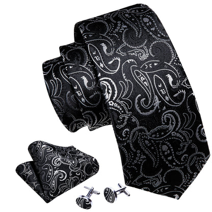 Black White Floral Paisley Silk Tie, Pocket Square and Cufflinks Set tie sets    - Sophisticated Gentlemen