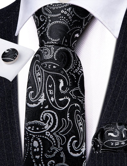 Black White Floral Paisley Silk Tie, Pocket Square and Cufflinks Set tie sets    - Sophisticated Gentlemen