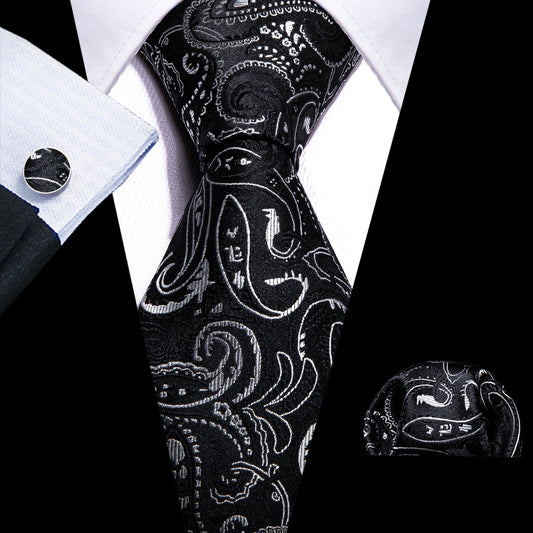 Black White Floral Paisley Silk Tie, Pocket Square and Cufflinks Set tie sets    - Sophisticated Gentlemen