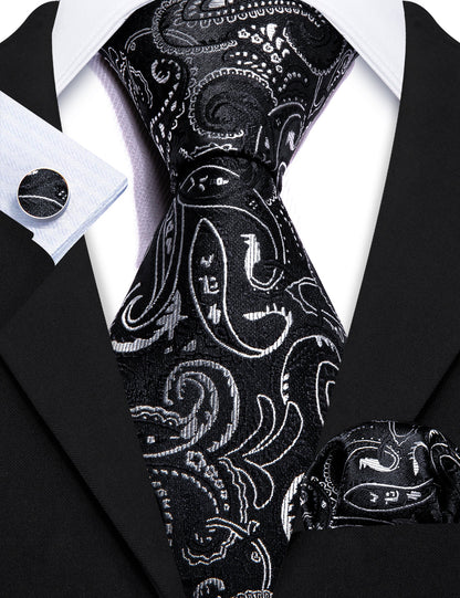 Black White Floral Paisley Silk Tie, Pocket Square and Cufflinks Set tie sets    - Sophisticated Gentlemen